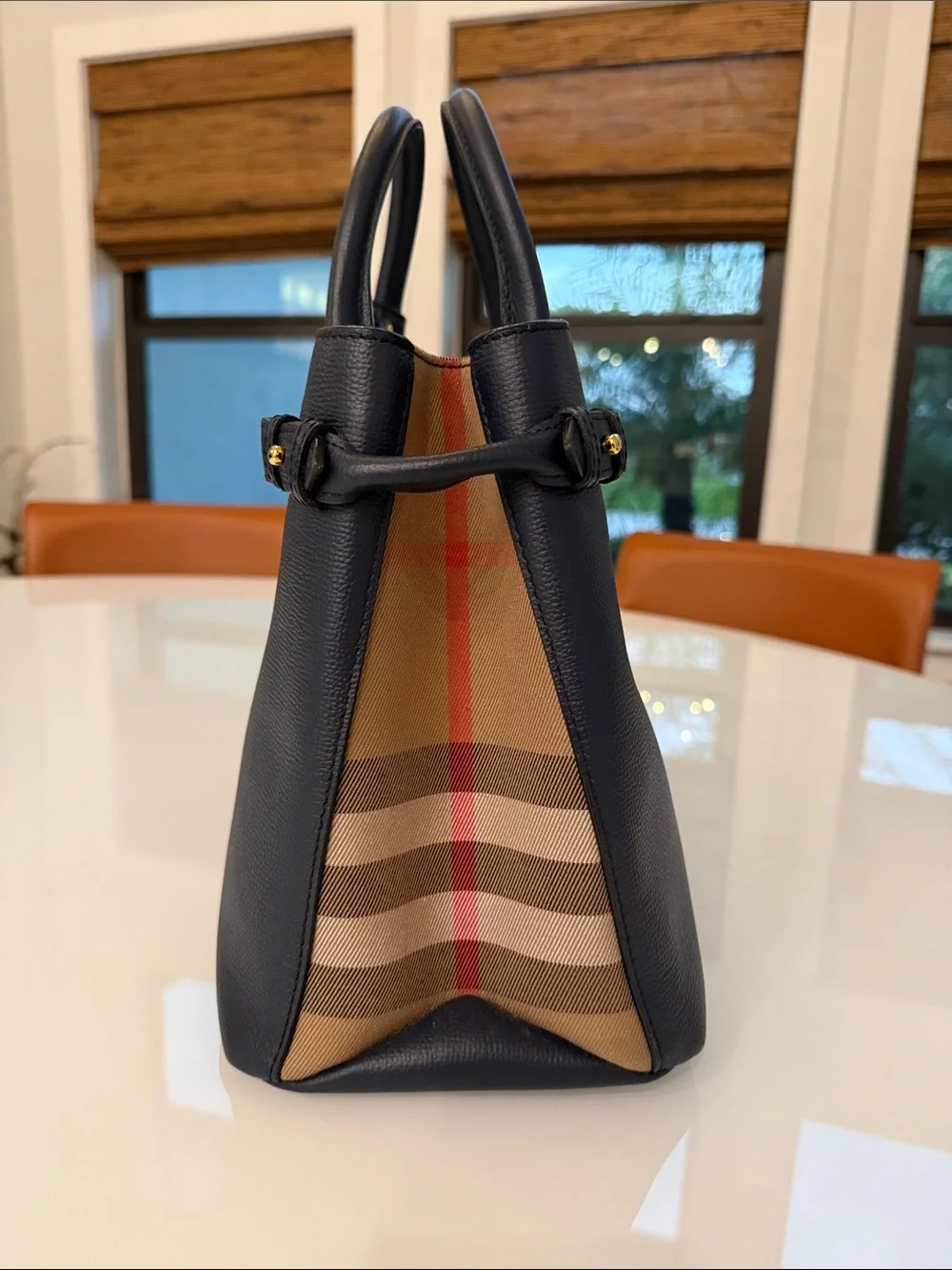 Burberry Navy Pebbled Leather Structured Top-Handle Tote - Picture 3 of 7